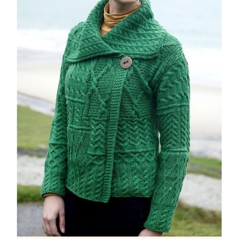 Aran Sweaters For Women Patchwork Cardigan with Collar Green Sz M